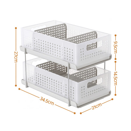 Artiss Under Sink Organizer 2 Tier Pull Out Drawer with Removable Baskets & Divider White