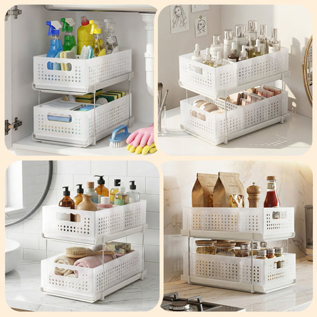 Artiss Under Sink Organizer 2 Tier Pull Out Drawer with Removable Baskets & Divider White
