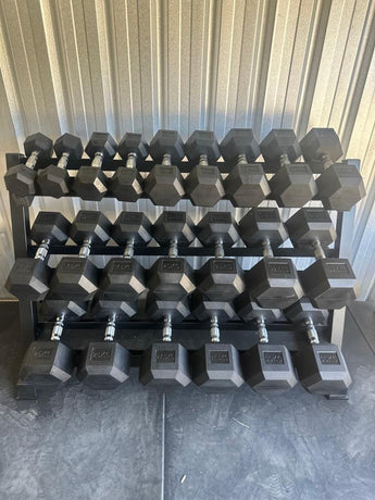 11 Pairs Hex Dumbbells PLUS Dumbbell Rack (385 kg | 5kg-30kg | 1.3m 3-tier Rack)