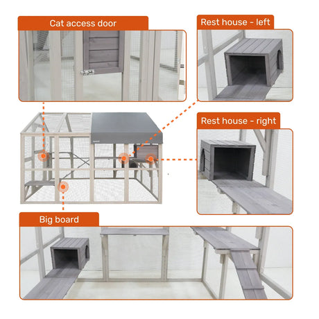 Samland Large Wooden Outdoor Cat House Catio with Platforms, Ramps, Cozy Houses and Weatherproof Roof