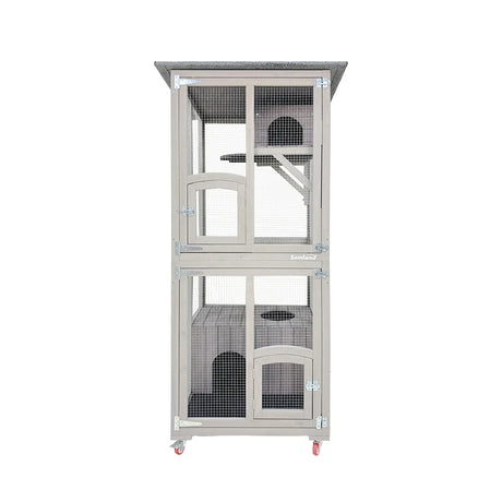 Samland Outdoor Wooden Cat Enclosure Catio with Wheels, Double Cat Houses & Roof