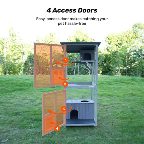 Samland Outdoor Wooden Cat Enclosure Catio with Wheels, Double Cat Houses & Roof