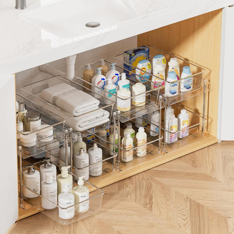 2 Pack Bathroom Organizer, 2 Tier Clear Under Sink Organizers Vanity Countertop Storage Container,Cabinet Drawers Bins, Pull-Out Organization with Track for Pantry, Kitchen