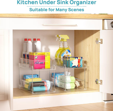 2 Pack Bathroom Organizer, 2 Tier Clear Under Sink Organizers Vanity Countertop Storage Container,Cabinet Drawers Bins, Pull-Out Organization with Track for Pantry, Kitchen