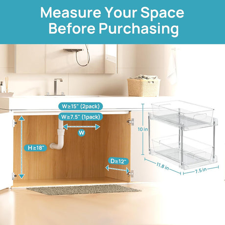 2 Pack Bathroom Organizer, 2 Tier Clear Under Sink Organizers Vanity Countertop Storage Container,Cabinet Drawers Bins, Pull-Out Organization with Track for Pantry, Kitchen