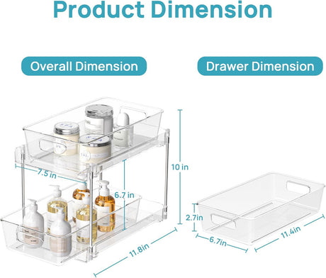 2 Pack Bathroom Organizer, 2 Tier Clear Under Sink Organizers Vanity Countertop Storage Container,Cabinet Drawers Bins, Pull-Out Organization with Track for Pantry, Kitchen