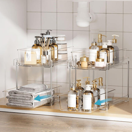 2 Pack Bathroom Organizer, 2 Tier Clear Under Sink Organizers Vanity Countertop Storage Container,Cabinet Drawers Bins, Pull-Out Organization with Track for Pantry, Kitchen