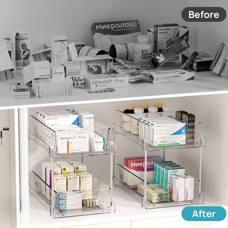 2 Pack Bathroom Organizer, 2 Tier Clear Under Sink Organizers Vanity Countertop Storage Container,Cabinet Drawers Bins, Pull-Out Organization with Track for Pantry, Kitchen