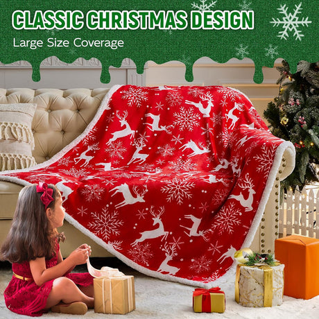 Christmas Throw Blanket, Christmas Decorations Gifts for Women, Sherpa Flannel Fleece Winter Holiday Blanket, Fluffy Cozy Soft Christams Throws for Couch Sofa Bed, Reindeer Stars, 50