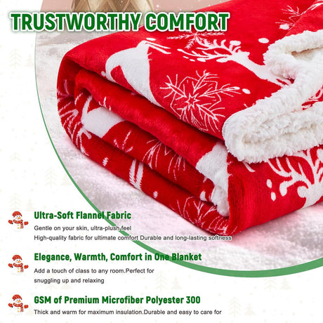 Christmas Throw Blanket, Christmas Decorations Gifts for Women, Sherpa Flannel Fleece Winter Holiday Blanket, Fluffy Cozy Soft Christams Throws for Couch Sofa Bed, Reindeer Stars, 50