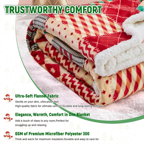 Christmas Throw Blanket, Christmas Decorations Gifts for Women, Sherpa Flannel Fleece Winter Holiday Blanket, Fluffy Cozy Soft Christams Throws for Couch Sofa Bed, DoubleDeer, 50