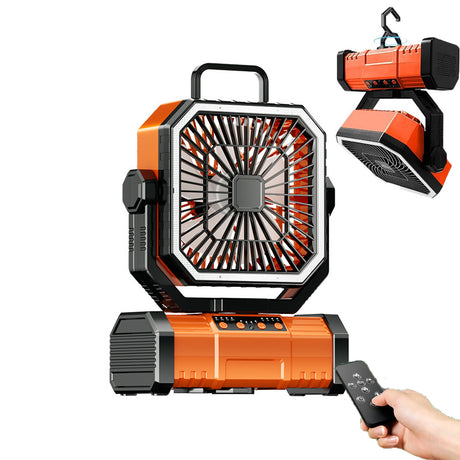20000mAh Portable Camping Fan, Rechargeable Battery Operated Oscillating Camp Tent Fan W/Remote control, 4 Speeds, LED lights & 360° Rotation Hook for Outdoor RV Travel Orange
