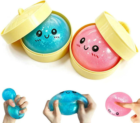 2Pcs Dumpling Squishies Surprise Pack, Glitter Slow Rising Stress Ball, Stretchy Fidget Sensory Toy for Anxiety Stress, Cute Dumpling Squeeze Toy for Adults Teens (Blue+Pink)
