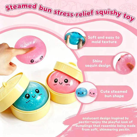 2Pcs Dumpling Squishies Surprise Pack, Glitter Slow Rising Stress Ball, Stretchy Fidget Sensory Toy for Anxiety Stress, Cute Dumpling Squeeze Toy for Adults Teens (Blue+Pink)