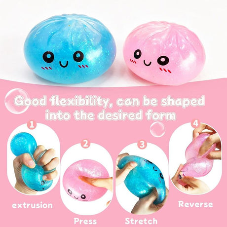 2Pcs Dumpling Squishies Surprise Pack, Glitter Slow Rising Stress Ball, Stretchy Fidget Sensory Toy for Anxiety Stress, Cute Dumpling Squeeze Toy for Adults Teens (Blue+Pink)