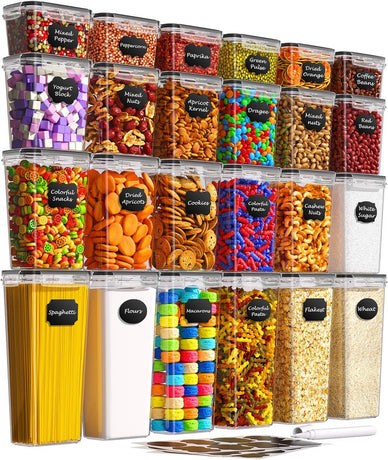 Airtight Food Storage Containers with Lids, 24 PCS Kitchen and Pantry Organization Canisters, BPA-Free, PVC-Free, Food-grade Plastic Leak-proof Jars for Cereal, Flour, Sugar, Extra 24 Labels & Marker