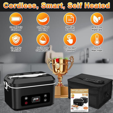 Heated Lunch Box,Electric Lunch Box, Lunch Box Battery Powered, Pro 24000mah,5.5 Cups Portable Food Heater-3D-5 Side Heating-Intelligent Temperature Control,Suitable For Trucks,Offices (Black/White)
