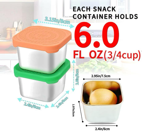 12Pack 6oz Stainless Steel Snack Containers and 2oz Salad Dressing To Go Containers with Silicone Lids, Reusable Square Meal Prep Condiment Sauce Containers Lunch Box