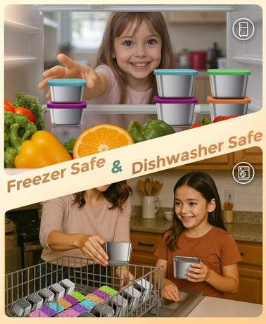 12Pack 6oz Stainless Steel Snack Containers and 2oz Salad Dressing To Go Containers with Silicone Lids, Reusable Square Meal Prep Condiment Sauce Containers Lunch Box