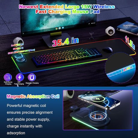 Wireless Charging Mouse Pad 15W RGB Gaming Mousepad Waterproof Desk Mat with Phone Holder 35.4''x11.8'' Extra Large Desk Pad Non-Slip Base Computer Keyboard Mat for PC Laptop, Black