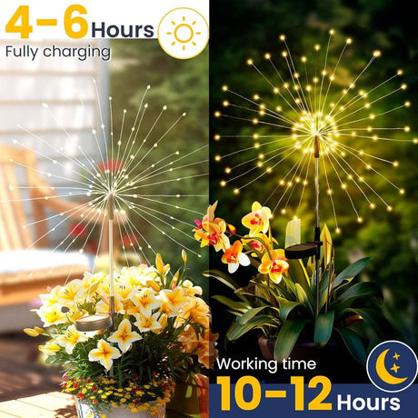 Garden Decor Outdoor Lights 120LED 4Pack, Solar Garden Lights Outside Fairy Firework Decorative,Solar Powered for Yard Pathway Flowerbed Planter Balcony Patio 4th of July Decor (Warm White
