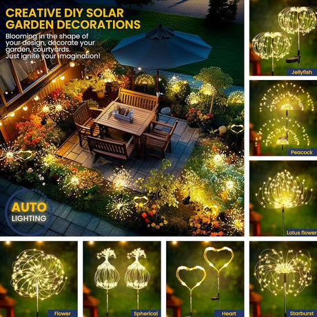 Garden Decor Outdoor Lights 120LED 4Pack, Solar Garden Lights Outside Fairy Firework Decorative,Solar Powered for Yard Pathway Flowerbed Planter Balcony Patio 4th of July Decor (Warm White