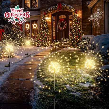 Garden Decor Outdoor Lights 120LED 4Pack, Solar Garden Lights Outside Fairy Firework Decorative,Solar Powered for Yard Pathway Flowerbed Planter Balcony Patio 4th of July Decor (Warm White