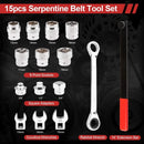 15PCS Serpentine Belt Tool Kit Tensioner Pulley Alignment Wrench Crow Socket