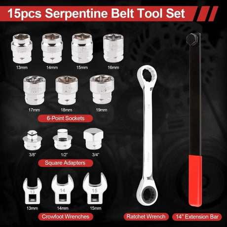 15PCS Serpentine Belt Tool Kit Tensioner Pulley Alignment Wrench Crow Socket