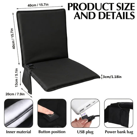 Portable Heated Seat Cushion Foldable Heating Pad 3-Mode Adjustable USB-Powered - Black - Size 45cm