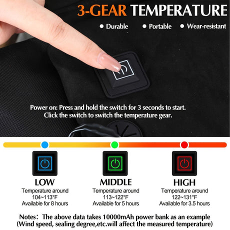 Portable Heated Seat Cushion Foldable Heating Pad 3-Mode Adjustable USB-Powered - Black - Size 45cm