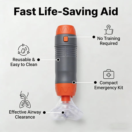 anti-choking device, Heimlich instrument, negative pressure suction, airway clearance, choking emergency, reusable emergency kit, Australian home safety, compact suction device