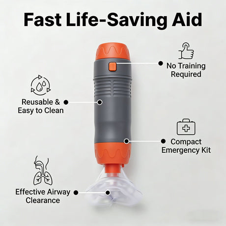 anti-choking device, Heimlich instrument, negative pressure suction, airway clearance, choking emergency, reusable emergency kit, Australian home safety, compact suction device