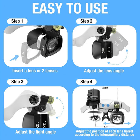 Black binocular magnifying glasses, LED lights, hands-free magnifier, adjustable magnification, high-powered magnifier, Australia