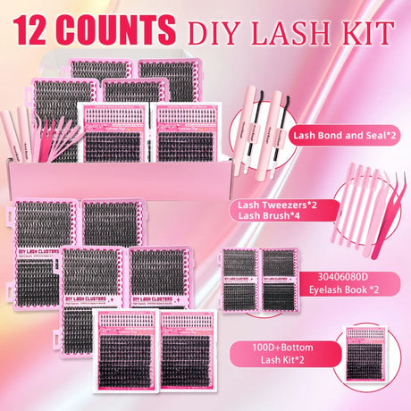 DIY Lash Kit Lash Clusters Lash Bond And Seal Lash Tweezers Lash Brushes - 3468D - Size Set