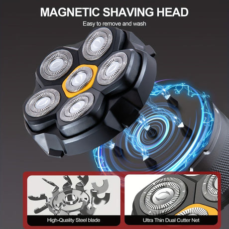 Magnetic six-blade razor, Whole-body wash razor, Digital display razor, Head-shaving razor, Electric razor for men, Australian grooming tools - Blue - Size Including spare blades