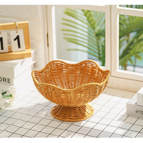 Hand-Woven Basket Flower-Shaped Basket Fruit Basket Vegetable Basket Storage - Khaki - Size L