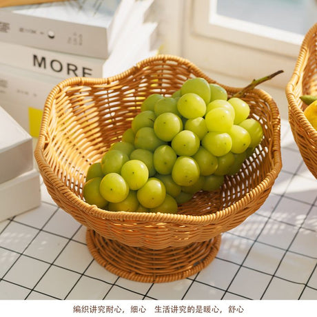 Hand-Woven Basket Flower-Shaped Basket Fruit Basket Vegetable Basket Storage - Khaki - Size M