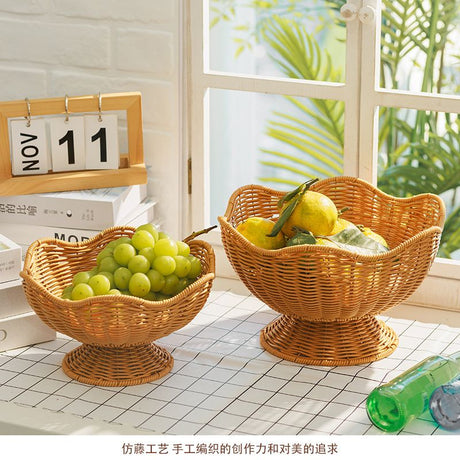 Hand-Woven Basket Flower-Shaped Basket Fruit Basket Vegetable Basket Storage - Khaki - Size M