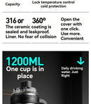 Giant Straw Tumbler Large Capacity Insulated Tumbler Ceramic Lined Cup - Gradient silver - Size 316-1200ml
