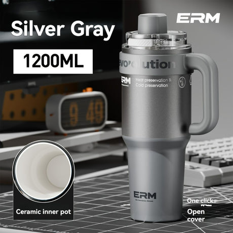 Giant Straw Tumbler Large Capacity Insulated Tumbler Ceramic Lined Cup - Gradient silver - Size 316-1200ml