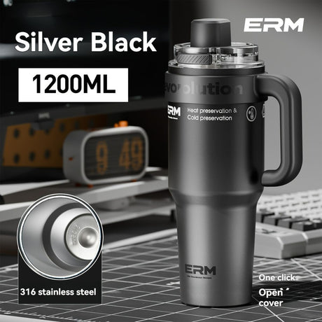 Giant Straw Tumbler Large Capacity Insulated Tumbler Ceramic Lined Cup - Gradient silver - Size 316-1200ml