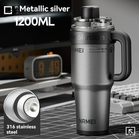 Giant Straw Tumbler Large Capacity Insulated Tumbler Ceramic Lined Cup - Gradient silver - Size 316-1200ml
