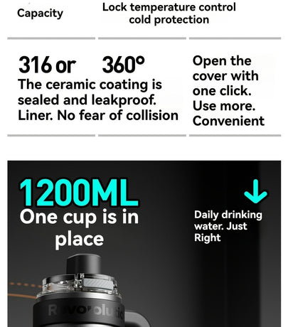 Giant Straw Tumbler Large Capacity Insulated Tumbler Ceramic Lined Cup - Gradient silver - Size porcelain-1200ml