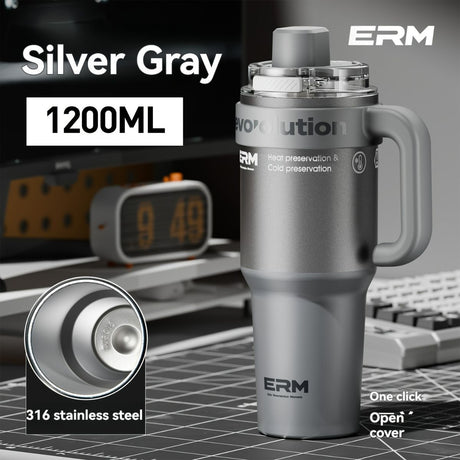 Giant Straw Tumbler Large Capacity Insulated Tumbler Ceramic Lined Cup - Gradient silver - Size porcelain-1200ml