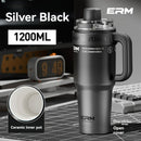 Giant Straw Tumbler Large Capacity Insulated Tumbler Ceramic Lined Cup - Silver - grey - Size porcelain-1200ml