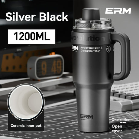 Giant Straw Tumbler Large Capacity Insulated Tumbler Ceramic Lined Cup - Silver - grey - Size porcelain-1200ml