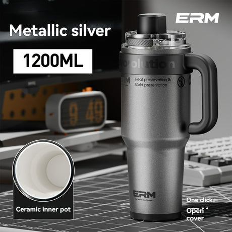 Giant Straw Tumbler Large Capacity Insulated Tumbler Ceramic Lined Cup - Silver - grey - Size porcelain-1200ml