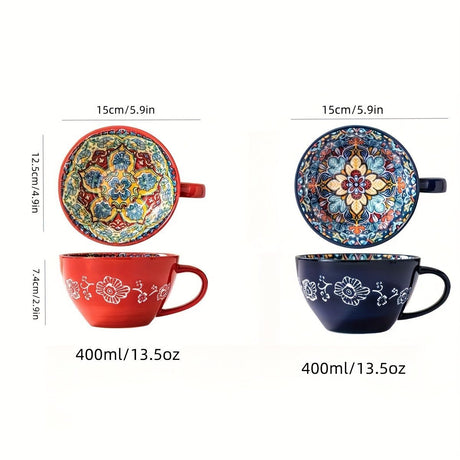 Bohemian Ceramic Cups Vibrant Floral Drinkware Hand-Painted Coffee Cups Unique - Isdil - Size 400ml