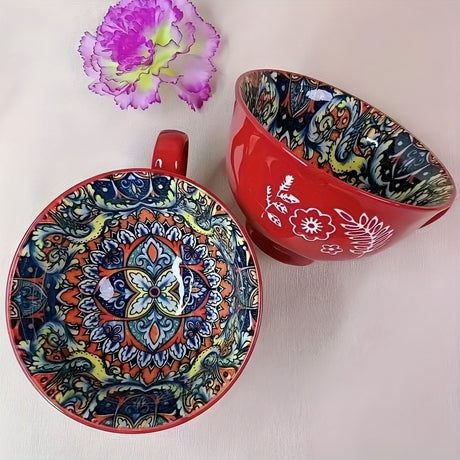 Bohemian Ceramic Cups Vibrant Floral Drinkware Hand-Painted Coffee Cups Unique - Landwind - Size 400ml